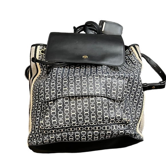 Tory Burch Gemini Link Canvas Leather Backpack Black & White Womens Travel - Picture 2 of 16